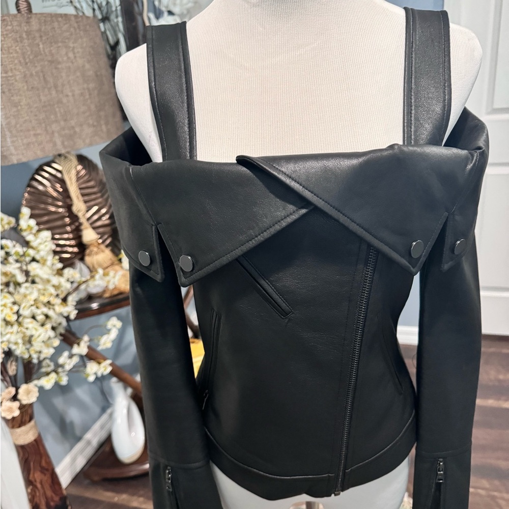 BCBG, black off-shoulder jacket. XS.